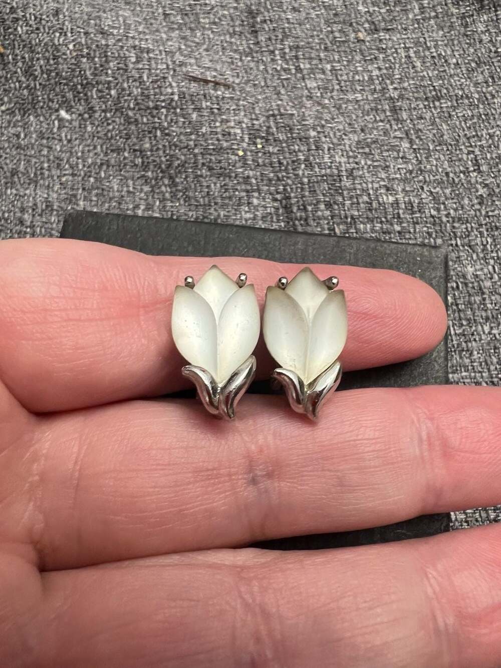 Vintage Whiting & Davis Silver Tone Mother of Pearl Tulip Clip-On Earrings